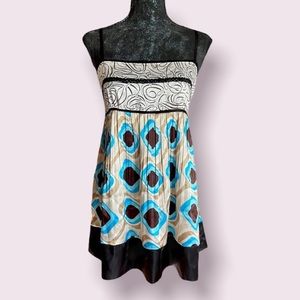 Runway Design Cream, Brown & Blue Abstract Print Dress